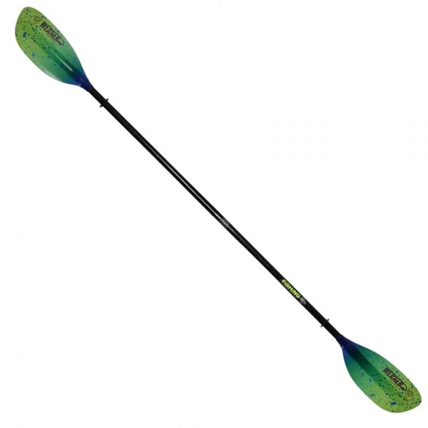 Featuring the Shuna Hooked Adjustable fishing kayak paddle manufactured by Werner shown here from a fifth angle.