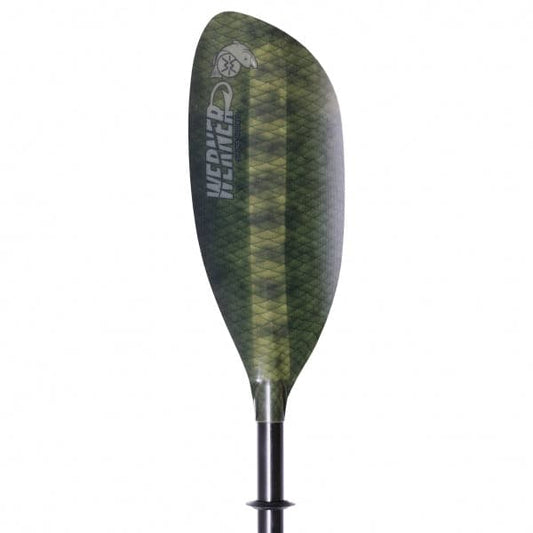 The Shuna Hooked Adjustable by Werner Paddles is a green camo fishing kayak paddle featuring the "Werner" logo on the blade and paired with a black adjustable shaft for customized high-angle fishing adventures.