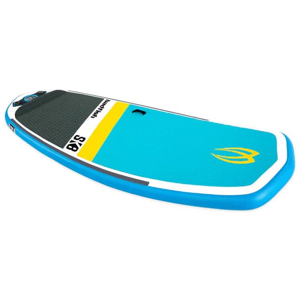 Featuring the iSK8 Wiki river surfing, whitewater sup manufactured by Badfish shown here from a fourth angle.