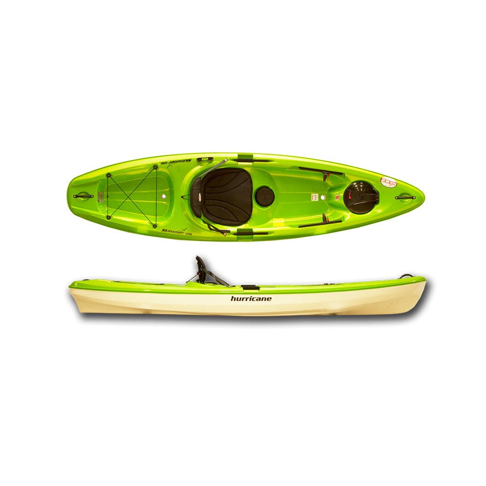 A bright green Hurricane Kayaks Skimmer 106 is displayed from top and side views. It includes a black seat, foot braces, with the brand name "Hurricane Kayaks" visible on the side.
