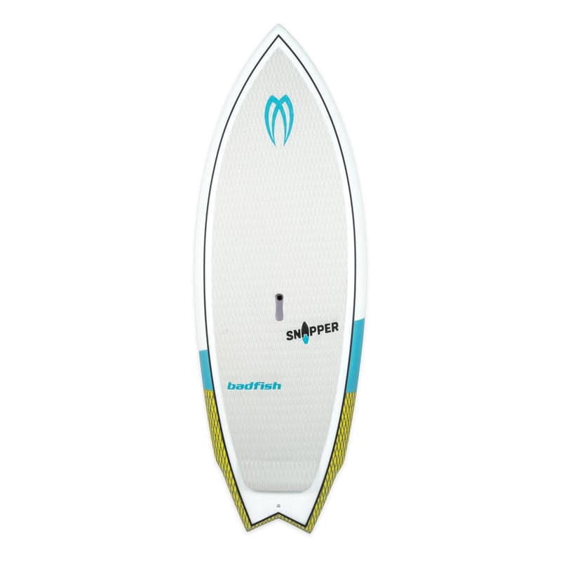 Featuring the Snapper river surfing, whitewater sup manufactured by Badfish shown here from one angle.
