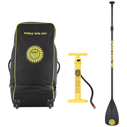 The SOLshine by SOL Paddle Boards is an inflatable stand-up paddleboard set that includes a black wheeled bag, a yellow pump, and a black paddle with yellow text. Perfect for yoga stability and smooth river paddling adventures.