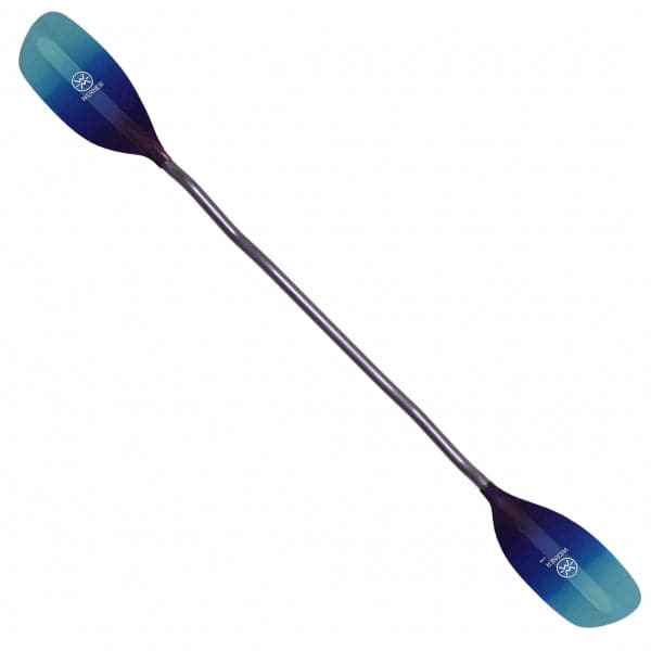 A Werner Paddles Strike Whitewater kayak paddle with a sleek metal shaft lies against a white background, highlighting its blue and turquoise fiberglass construction.