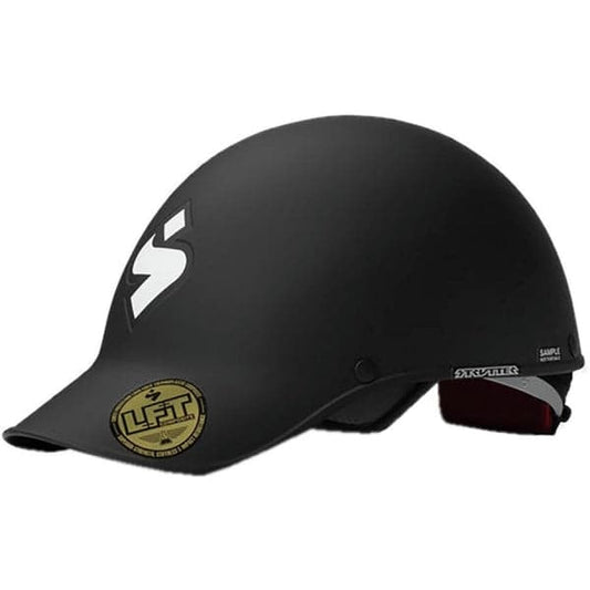 The Strutter Helmet by Sweet Protection is a matte black horse riding helmet featuring a small visor and side logo, crafted with carbon fiber reinforced construction for enhanced durability.