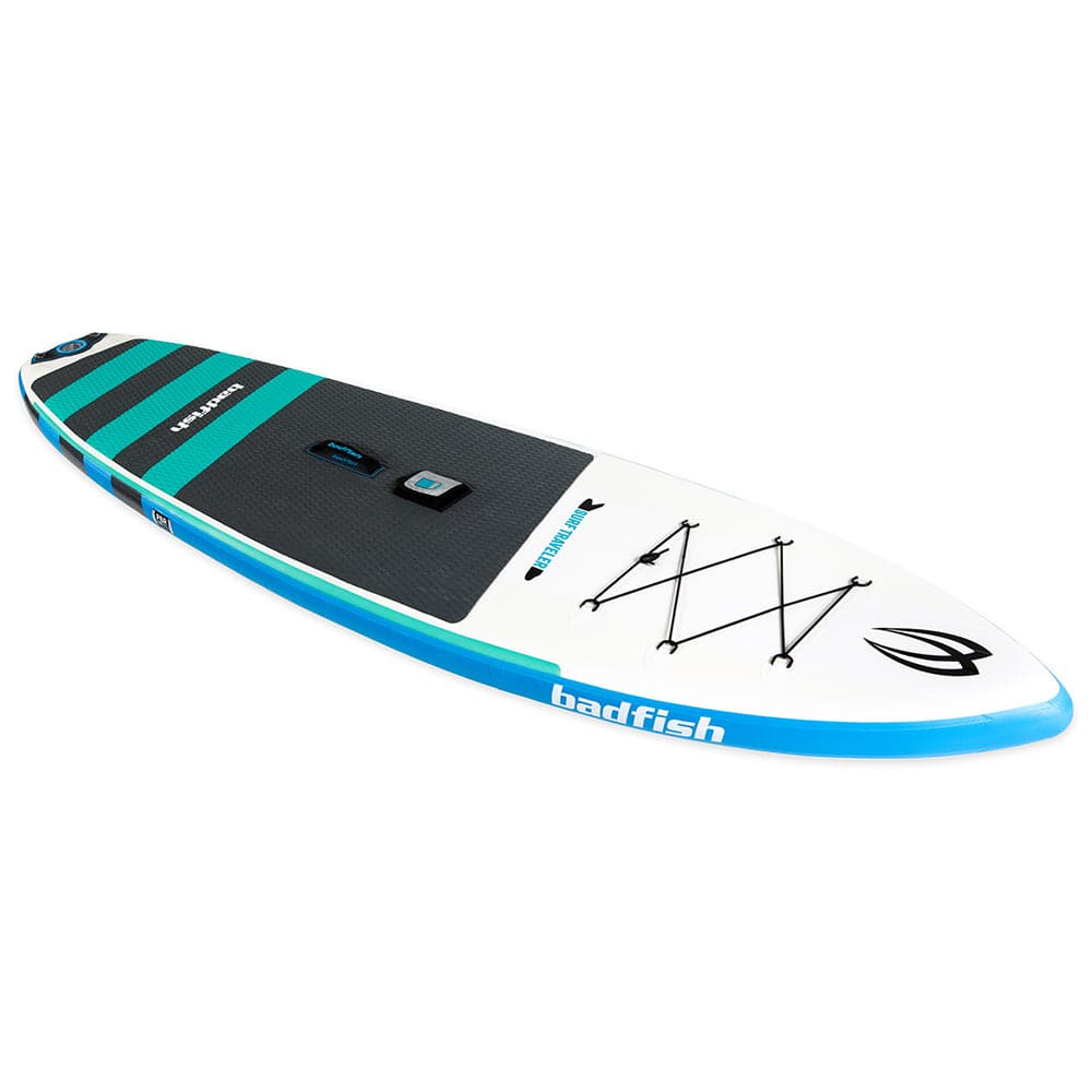 Featuring the Surf Traveler inflatable sup, ocean surf manufactured by Badfish shown here from a third angle.