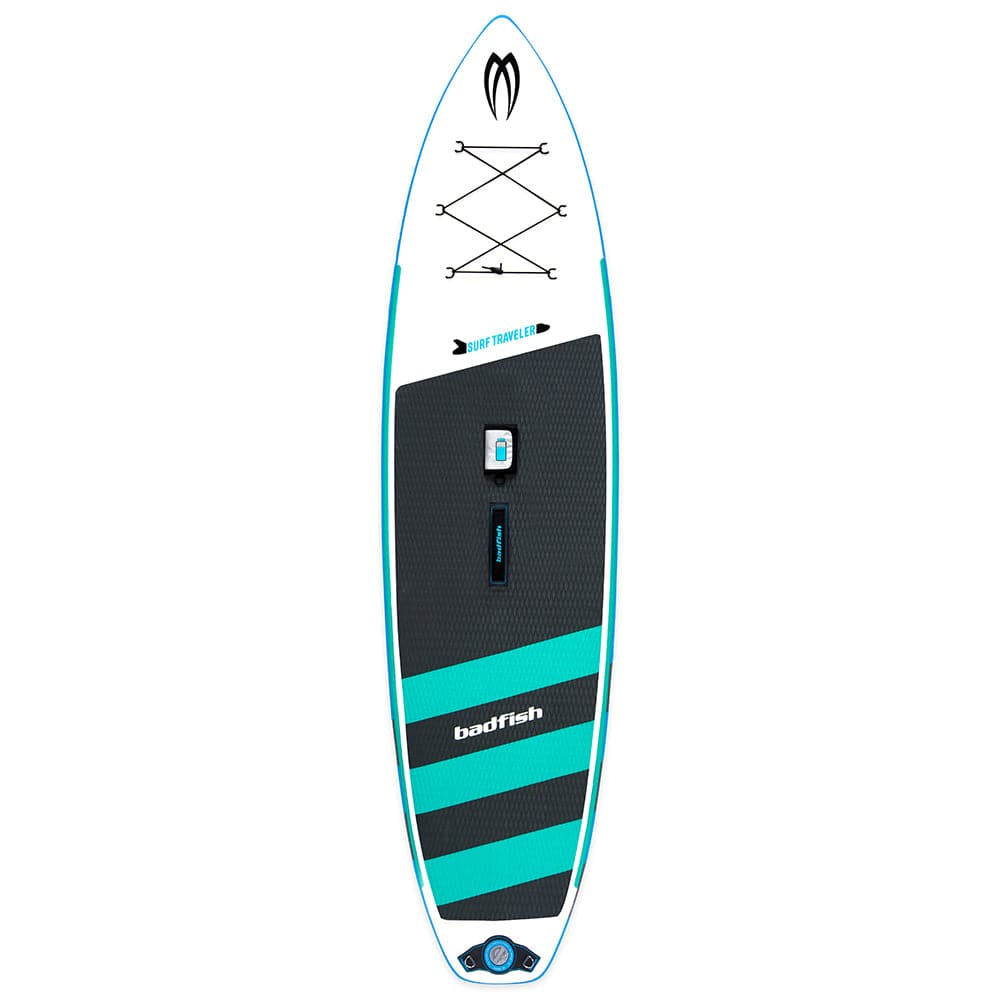 Featuring the Surf Traveler inflatable sup, ocean surf manufactured by Badfish shown here from one angle.