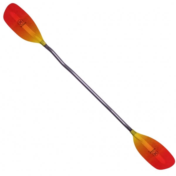 The Surge by Werner Paddles is a powerful double-bladed kayak paddle with vibrant orange and yellow fiberglass blades on a straight black shaft, ideal for whitewater adventures.
