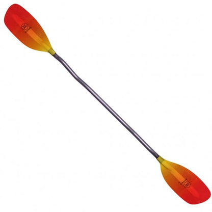 The Surge by Werner Paddles is a powerful double-bladed kayak paddle with vibrant orange and yellow fiberglass blades on a straight black shaft, ideal for whitewater adventures.