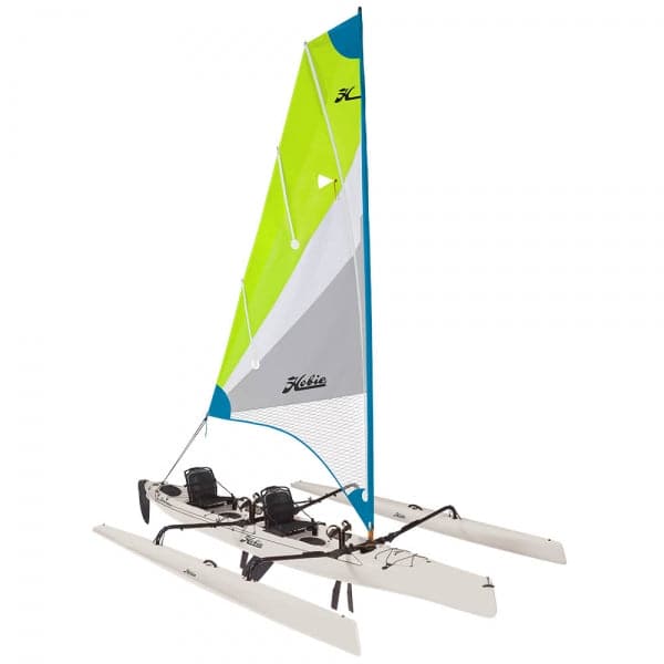 Featuring the Adventure Island Tandem pedal drive kayak manufactured by Hobie shown here from a fifth angle.