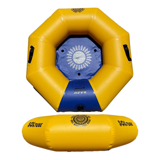 The SOLtube by SOL Paddle Boards is a yellow inflatable hexagonal tube made from military-grade PVC, with black handles, a blue center, and welded seam technology. It comes with a matching yellow cylindrical float for durability and performance.