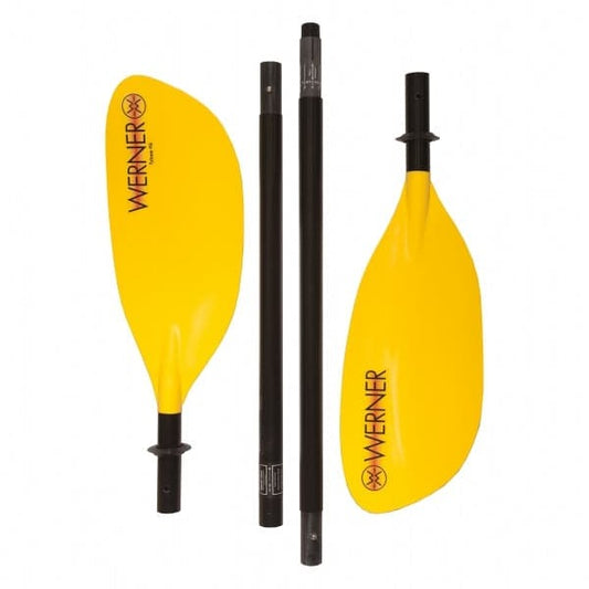 Featuring the Tybee 4-Piece Paddle breakdown paddle, fishing kayak paddle, fishing paddle, hand paddle, ik paddle, pack raft paddle, touring / rec paddle manufactured by Werner shown here from one angle.