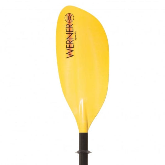The Tybee FG Adjustable Paddle by Werner Paddles features a yellow blade with "Werner" in black and an adjustable shaft utilizing the LeverLock system for a customizable fit.