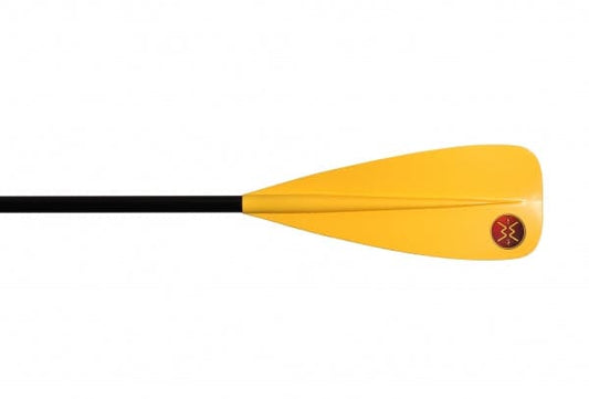 The Demo Vibe 2pc Paddle by Werner Paddles is an affordable choice, featuring a vibrant yellow blade and sleek black shaft with a striking red and black logo, perfect for any paddling enthusiast.
