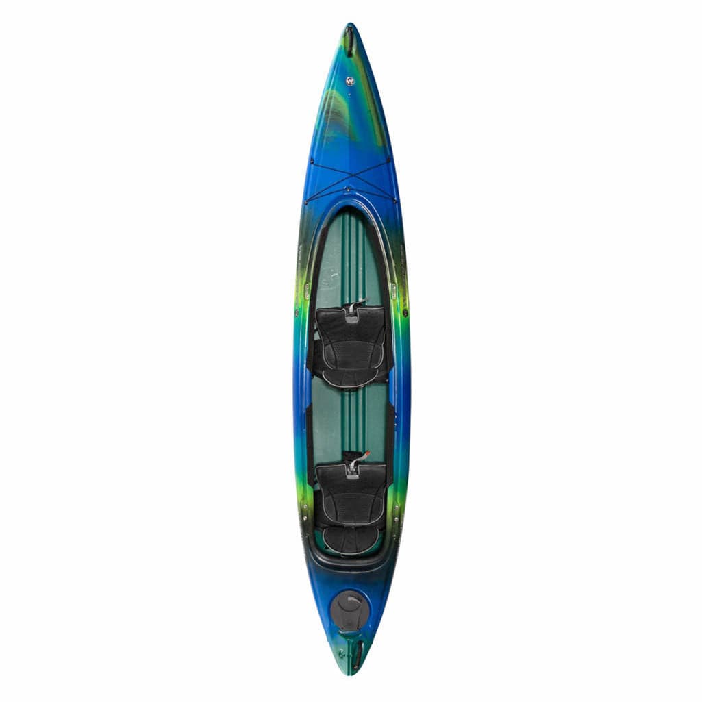 Featuring the Pamlico Tandem tandem / 2 person rec kayak manufactured by Wilderness Systems shown here from one angle.
