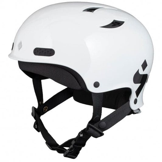 The Sweet Protection Wanderer II Helmet features an impact-resistant design with a sleek white exterior, black straps, and a cushioned interior. Ventilation slots ensure comfort, with the logo proudly displayed on the side.