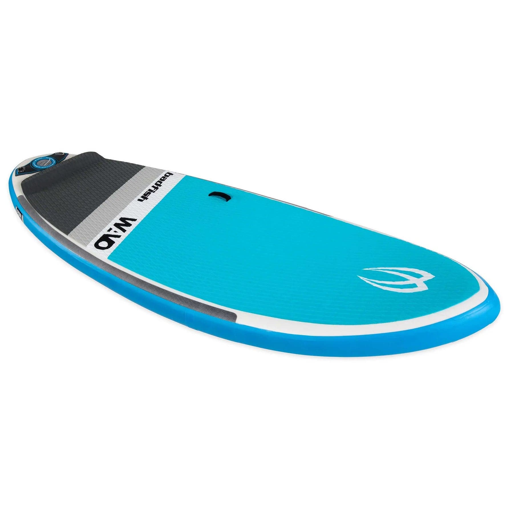 Featuring the Wavo Wiki beginner sup, river surfing, whitewater sup manufactured by Badfish shown here from a fourth angle.