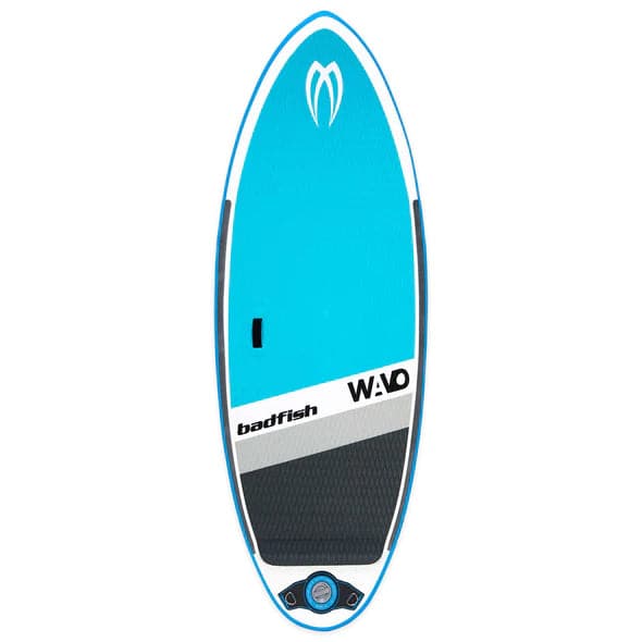 Featuring the Wavo Wiki beginner sup, river surfing, whitewater sup manufactured by Badfish shown here from one angle.