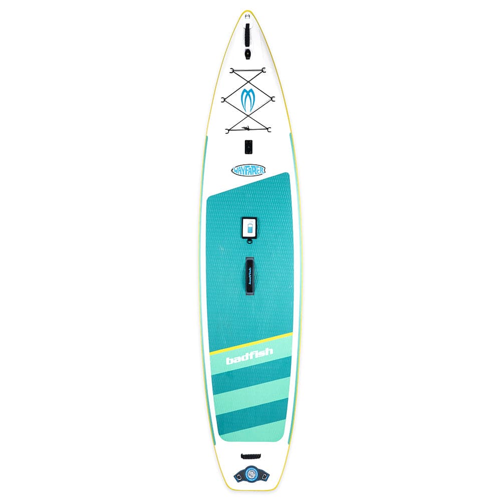 Featuring the Wayfarer Package inflatable sup manufactured by Badfish shown here from one angle.