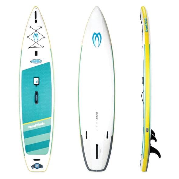 Featuring the Wayfarer Package inflatable sup manufactured by Badfish shown here from a second angle.