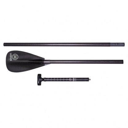 The Rip Stick Stand Up Paddle by Werner Paddles is a three-piece black set, featuring a surf blade with a double concave dihedral design. It includes a blade, handle, and adjustable shaft and is shown disassembled on a white background.