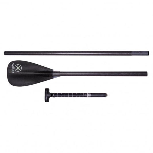 The Rip Stick Stand Up Paddle by Werner Paddles is a three-piece black set, featuring a surf blade with a double concave dihedral design. It includes a blade, handle, and adjustable shaft and is shown disassembled on a white background.