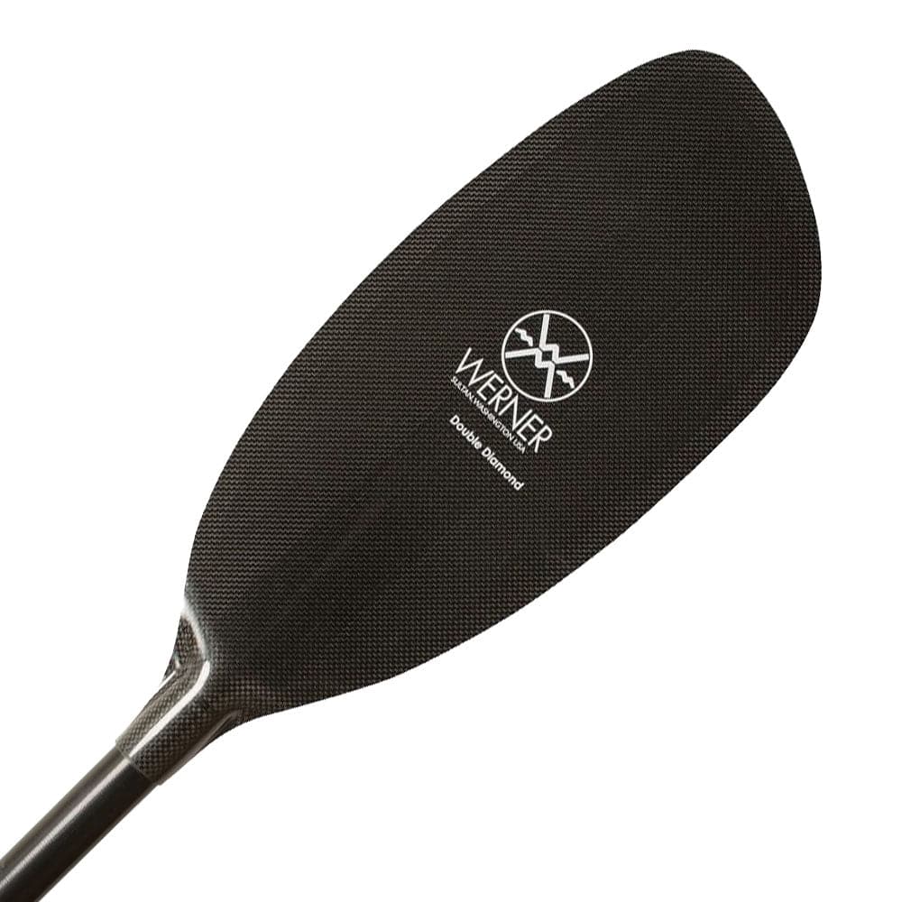 Featuring the Double Diamond carbon fiber whitewater paddle manufactured by Werner shown here from a fourth angle.