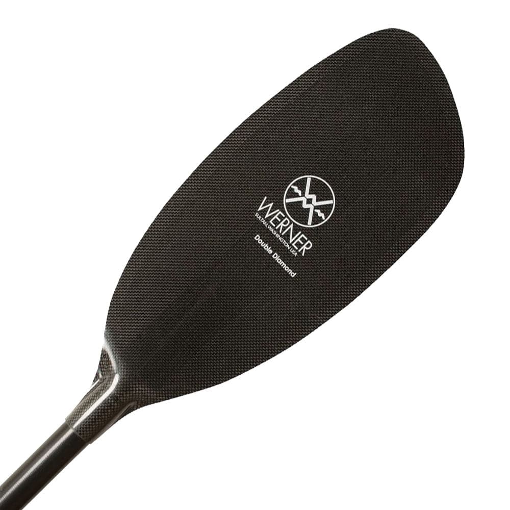 The Werner Paddles Double Diamond paddle features a black performance core blade with a carbon finish and ergonomic design, perfect for whitewater kayaking enthusiasts seeking the ultimate play boating experience.
