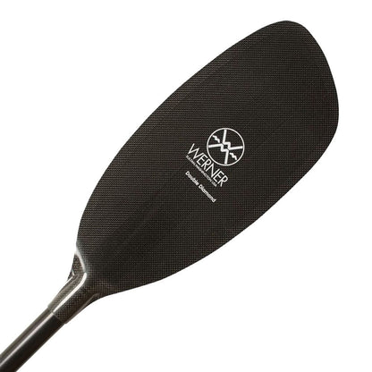 The Werner Paddles Double Diamond paddle features a black performance core blade with a carbon finish and ergonomic design, perfect for whitewater kayaking enthusiasts seeking the ultimate play boating experience.