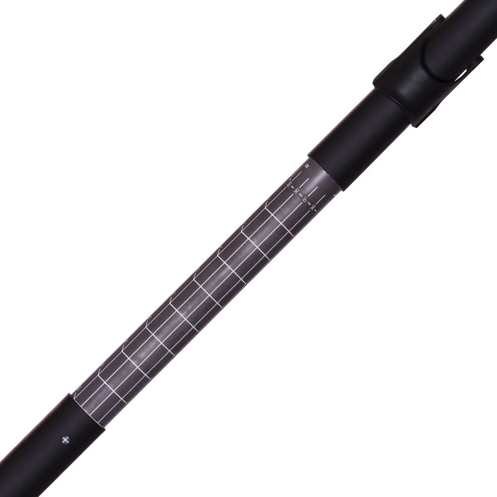 A close-up of the Werner Paddles' Skagit FG Adjustable Paddle shows its telescopic pole with a measurement scale in a partially extended position against a white background, highlighting the precision of its fiberglass reinforced nylon shaft.