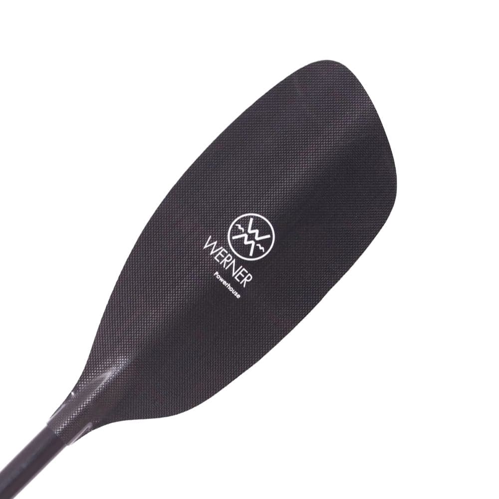 Featuring the Powerhouse Carbon carbon fiber whitewater paddle manufactured by Werner shown here from a fourth angle.