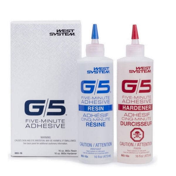 Featuring the G/5 Five Minute Advesive 2 pt. adhesive, canoe care, canoe repair, glue, kayak care, kayak repair, pickup only, sup care, sup repair manufactured by West System shown here from one angle.