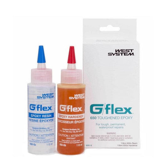 Featuring the G/Flex Epoxy adhesive, canoe care, canoe repair, glue, kayak care, kayak repair, sup care, sup repair manufactured by West System shown here from one angle.