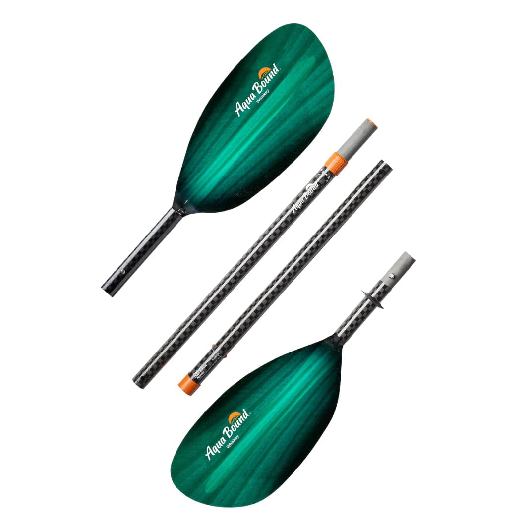 Featuring the Whiskey 4-Piece Paddle breakdown paddle, fishing kayak paddle, fishing paddle, hand paddle, ik paddle, pack raft paddle, touring / rec paddle manufactured by AquaBound shown here from a third angle.