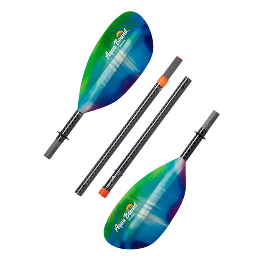 Featuring the Whiskey 4-Piece Paddle breakdown paddle, fishing kayak paddle, fishing paddle, hand paddle, ik paddle, pack raft paddle, touring / rec paddle manufactured by AquaBound shown here from one angle.