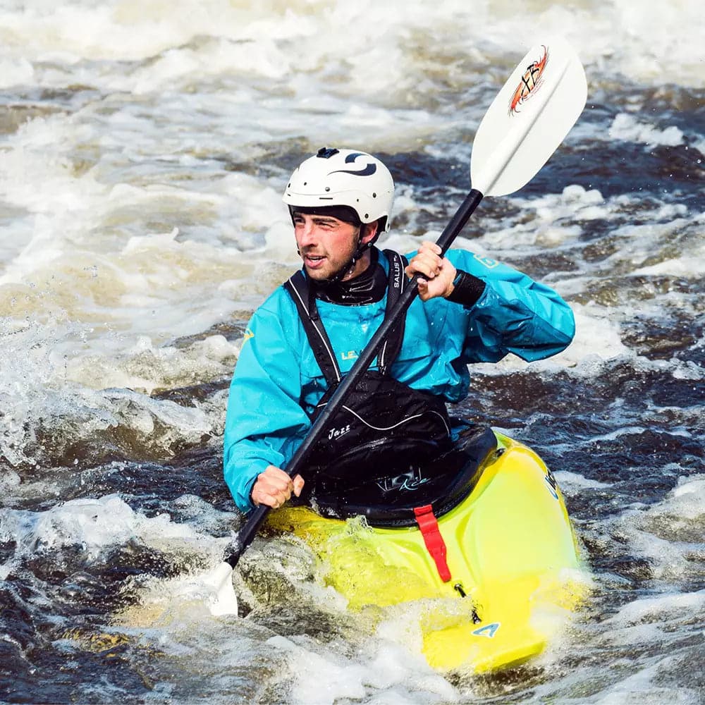 Featuring the Shred Kayak Paddle carbon fiber whitewater paddle, entry level whitewater paddle, fiberglass whitewater paddle manufactured by AquaBound shown here from an eighth angle.