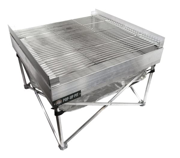 Featuring the Pop-Up Fire Pit Tri-Fold Grill fire pan, fire pan accessory manufactured by Fireside shown here from a second angle.
