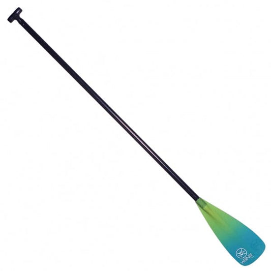 A Werner Paddles Zen 85 - Solid Shaft SUP Paddle features a black handle, fiberglass blades with a blue-to-green gradient, and a carbon blend shaft for extra strength.
