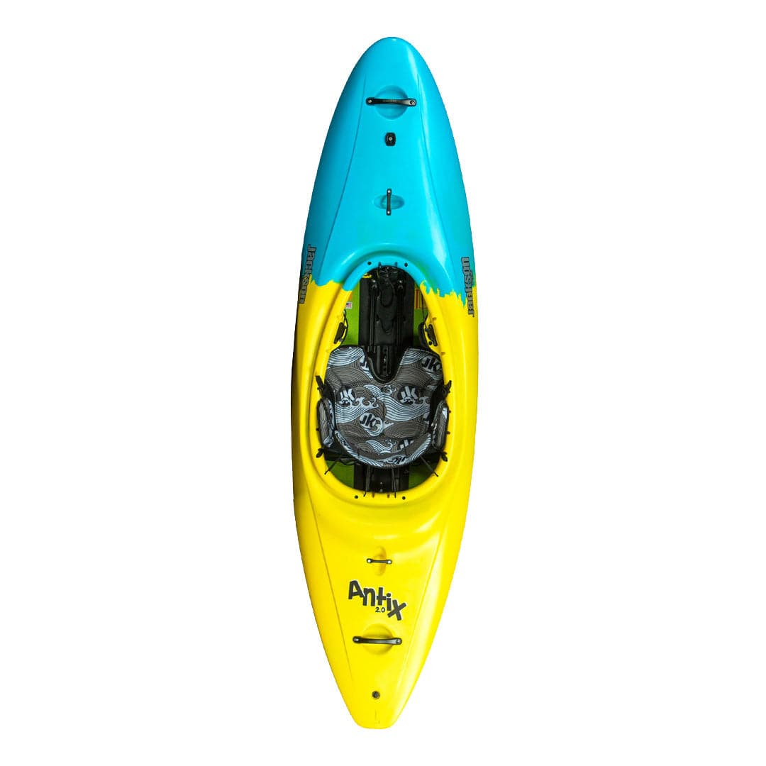 Featuring the Antix 2.0 creek boat, freestyle kayak, play boat, river runner kayak manufactured by Jackson Kayak shown here from one angle.