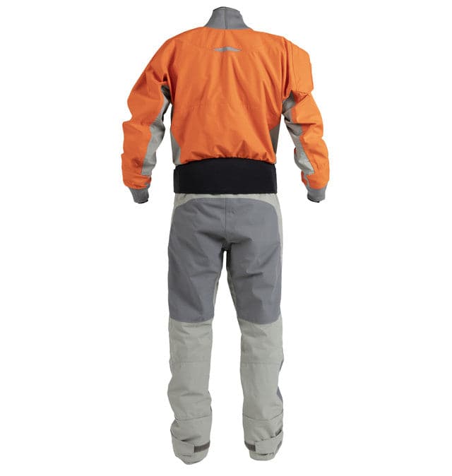 Back view of the Kokatat Hydrus 3.0 Meridian Drysuit for men with orange upper and gray lower sections, featuring reinforced knees and elbows for durability, ensuring complete waterproof protection.