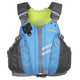 A blue and gray flotation vest with a yellow back panel, adjustable straps, a small buckle at the front, and multiple pockets, perfect for local-pickup customers. This Stohlquist Demo BetSea PFD ensures both functionality and style on the water.