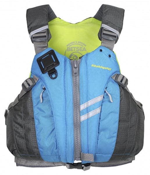 A Stohlquist BetSea PFD, a blue and yellow life jacket, has been replaced with a Used Stohlquist BetSea PFD.