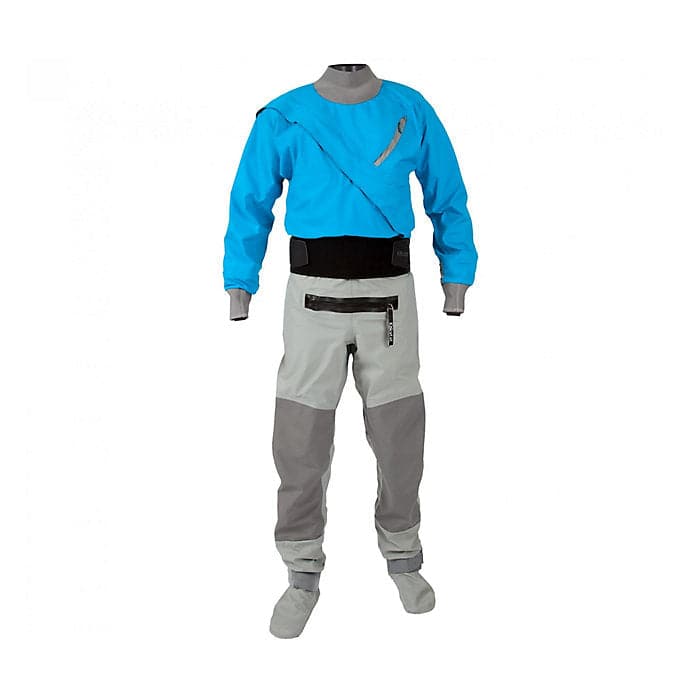 The Kokatat Hydrus 3.0 Meridian Drysuit for men, in blue and gray, boasts a waterproof design with a black belt, diagonal chest zipper, and attached booties against a white backdrop.