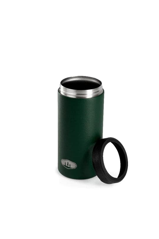 The GSI Outdoors Standard Can Cozy is a green BPA-free tumbler with double-wall insulation, a stainless steel rim, and a black lid, ideal for maintaining your drinks' temperature.