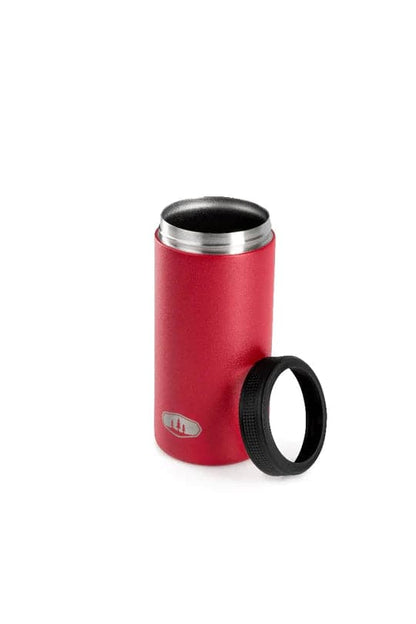 Red insulated travel mug from GSI Outdoors, known as the Standard Can Cozy, made with BPA-free materials and double-wall insulation, featuring a sleek black screw-on lid next to it.