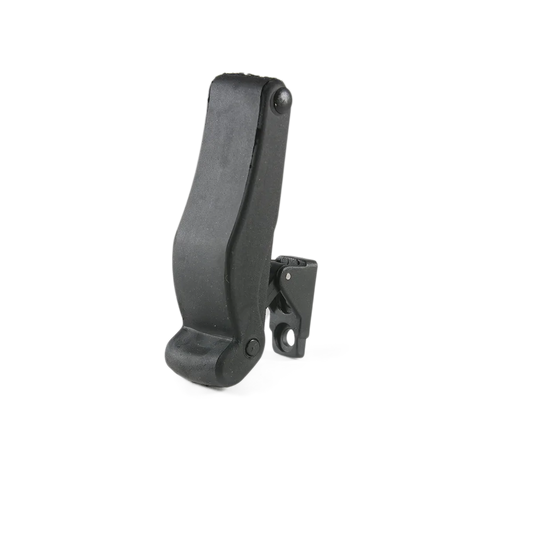 The Canyon Coolers Spare Latch is a black plastic latch hook clasp with a hinge mechanism, perfect for fastening or securing items and ideal as replacement latches to keep your Prospector coolers secure effortlessly.