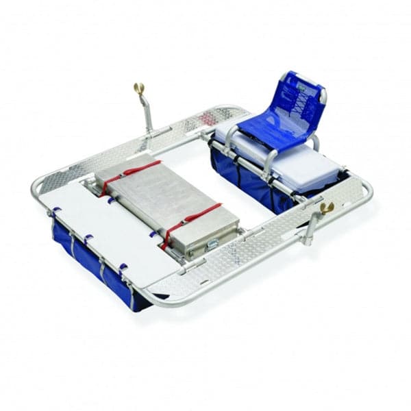 The Down River Equipment Gunnison XD 4-Bay Diamond Plate Raft Frame features adjustable fittings, compartments, blue storage bags, and a seat for carrying gear and accessories.