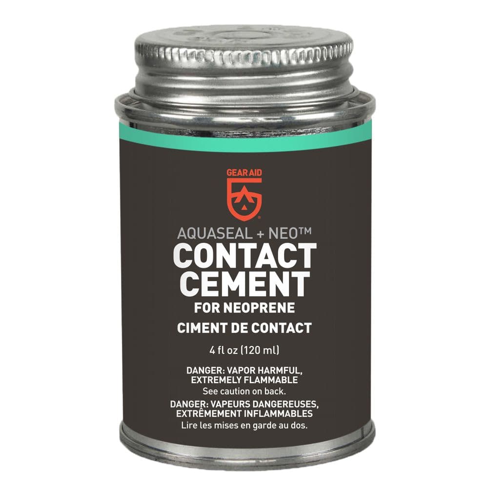 Featuring the Neoprene Contact Cement adhesive, canoe care, canoe repair, glue, kayak care, kayak repair manufactured by Gear Aid shown here from one angle.