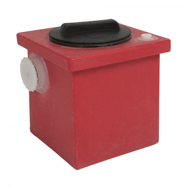 This red, square plastic container from Coyote River Gear's Portable Camp Toilet System II features a black circular lid and a white side knob, enhancing its efficiency.