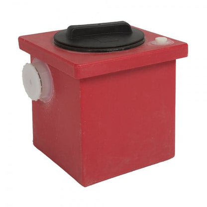This red, square plastic container from Coyote River Gear's Portable Camp Toilet System II features a black circular lid and a white side knob, enhancing its efficiency.