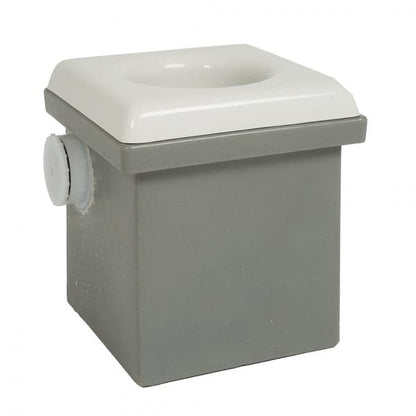 The square gray and white box, featuring a round attachment on the side, reflects the functionality of Coyote River Gear's Portable Camp Toilet System II.